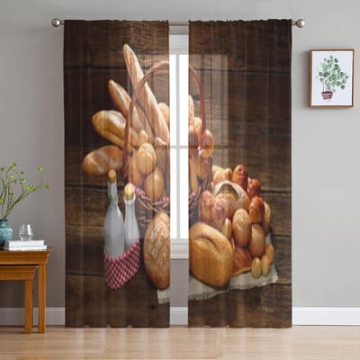 Soorten Brood In Wicker Mand Op Oude Houten Transparante Gordijnen voor Woonkamer Tule Raamgordijn Slaapkamer Keuken Sluier Gordijnen 135W x 114H(cm) brown