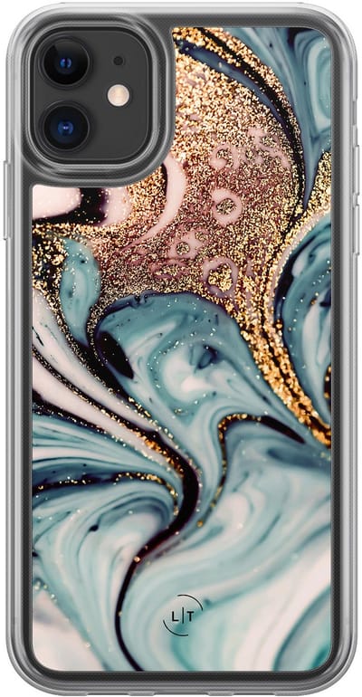 Hoesje geschikt voor iPhone 11 - Marmer blauw goud - 2in1 backcover - Marmer - Blauw - Leuke Telefoonhoesjes