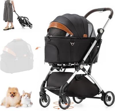 Hondenbuggy 3-in-1 met 15 kg draagvermogen, opvouwbaar met eenhandige vouw en rem, inclusief regenhoes, geschikt voor kleine honden en katten, zwart