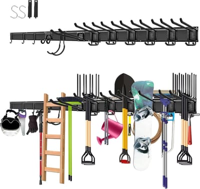 Wandbeugel voor garage en tuin met 4 rails en 12 veelzijdige haken, totale lengte 162 cm, stevig en ideaal voor tuingereedschap en organisatie
