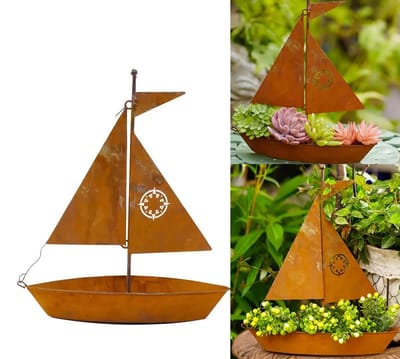 Bloempot - Woondecoratie - Creatieve 3D roestige zeilboot bloempot - Buitentuindecoratie - Metalen kunstwerk - Nautisch thema decoratie