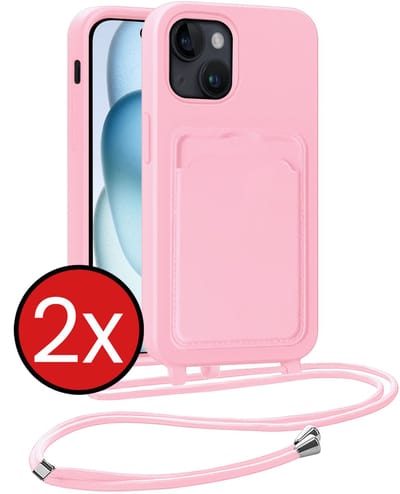 Hoesje Geschikt voor iPhone 15 Plus Hoesje Met Telefoonkoord en Pasjeshouder Siliconen - Hoes Geschikt voor iPhone 15 Plus Hoesje Met Kaarthouder Case - Lichtroze - 2 PACK