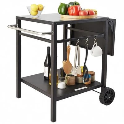 Emvae Tuintafel - Plancha BBQ - Buitenkeuken trolley - Barbecuekar - BBQ Tafel op Wielen - 2 Niveaus - Opklapbaar Werkblad - 97,2 x 64 x 75,5 cm - Metaal