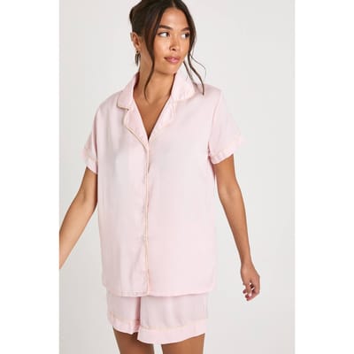 boohoo Dames Satijn Piping Detail Korte Mouwen Overhemd & Shorts Pyjama Set | Baby Roze | Maat: 34