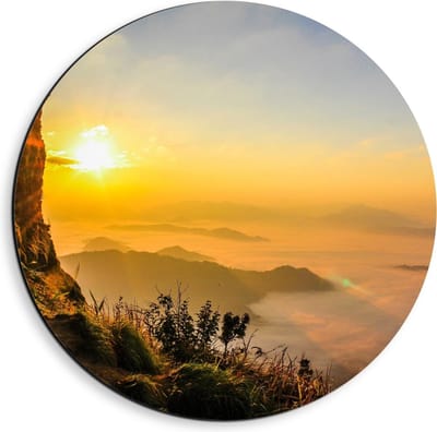 Dibond Wandcirkel - Zonsondergang bij de Bergen - 40x40cm Foto op Aluminium Wandcirkel (met ophangsysteem)