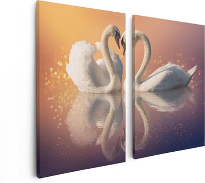 Artaza Canvas Schilderij Tweeluik Zwanen Koppel in een Hart Vorm - 80x60 cm - Wanddecoratie Woonkamer - Schilderijen - Muurdecoratie