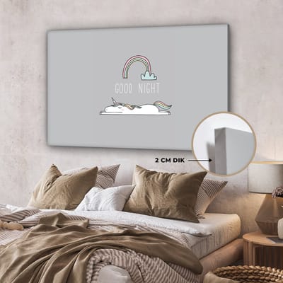 Canvas schilderij unicorn - Quotes - Good night - Eenhoorn - Tekst - Regenboog - Spreuken - Wanddecoratie meisjes - Kinderkamer decoratie - 140x90 cm