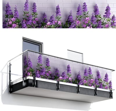 Balkonscherm 500x120 cm - Balkonposter Bloemen - Planten - Paars - Groen - Wit - Balkon scherm decoratie - Balkonschermen - Balkondoek zonnescherm