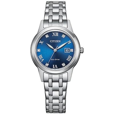 CITIZEN Eco-Drive Serie Datumweergave Diamant ingelegd Waterdicht Zonnekracht Kwarts Stalen Band Dameshorloge Blauwe Wijzerplaat FE1240-81L blauw