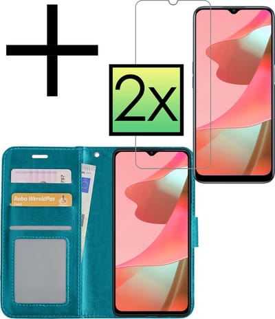 Hoesje - Met 2x Screenprotector - Geschikt voor OPPO A16s - Luxe Pasjeshouder - Bookcase Portemonee - Flip Case - Kunstleer Book Case - Flipcase Hoes - Book Cover - Walletcase - Portemonneehoes - Turquoise