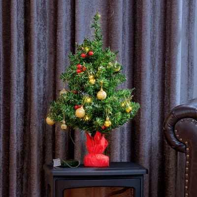 Pugsdrly Mini-kerstboom Kerstversiering Kerstdecoratie, incl. kerstballen en LED-lampjes 60 cm, veelkleurig