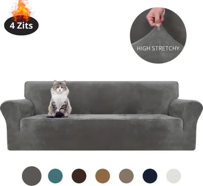 Livano Bankhoes - Bankbeschermer - Stretch - Sofa Cover - Fluweel - Grijs - 4 Zits