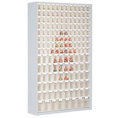 Opbergbakkast, volume 635 l, 154 uitneembare opbergboxen met verzonken greep, B 1270 x D 250 x H 2000 mm, l.grijs/transparant