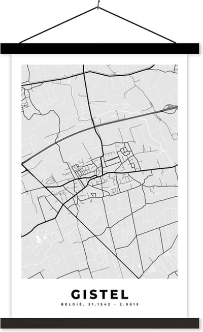 Posterhanger incl. Poster 40x60 cm - Schoolplaat - Stadskaart – Plattegrond – België – Zwart Wit – Gistel – Kaart - Textielposter - Zwarte latten - Stadskaart