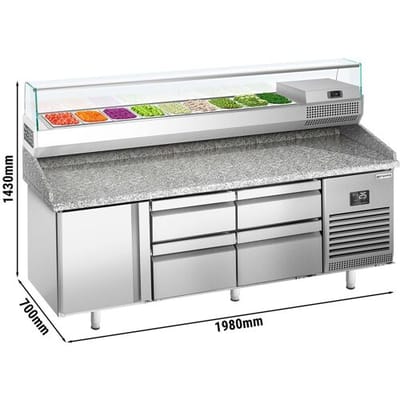 GGM Gastro Pizzakühltisch Premium PLUS - 1980x700mm - mit 1 Tür & 4 Schubladen - inkl. Kühlaufsatzvitrine - 9x GN 1/4