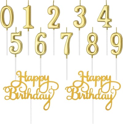 Gouden Verjaardagskaarsen Cijfers 0-9 & 'Happy Birthday' Taartdecoratie Set
