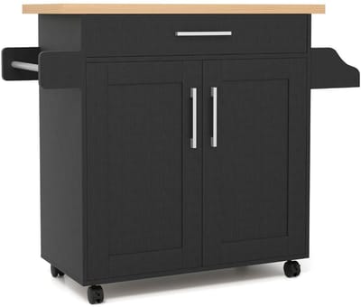 Keukeneiland - Verplaatsbaar - Keukenkast - Dressoir - Organizer - Kasten - Houten Werkblad - Lade - Zwart + Naturel