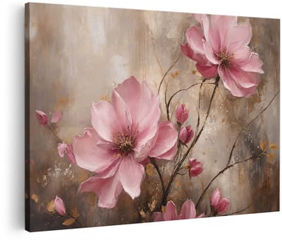 Artaza Canvas Schilderij Roze Bloemen - Abstracte Kunst Met Zachte Aardetinten - 90x60 cm - Wanddecoratie Woonkamer - Schilderijen - Muurdecoratie