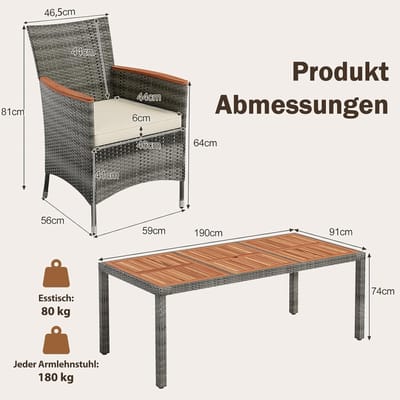Tuinmeubelset 8 Personen 190x91x74 cm – Luxe Polyrotan Eettafel met 8 Stoelen & Kussens – Weerbestendig Acaciahout – Grijs – Nicolehome