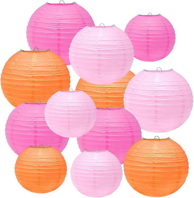 SnelShoppen - Set van 12 Papieren Lantaarns in Roze en Oranje - Feestdecoratie voor Bruiloften, Tuinfeesten en Partijen - Diverse Maten 15cm, 20cm, 25