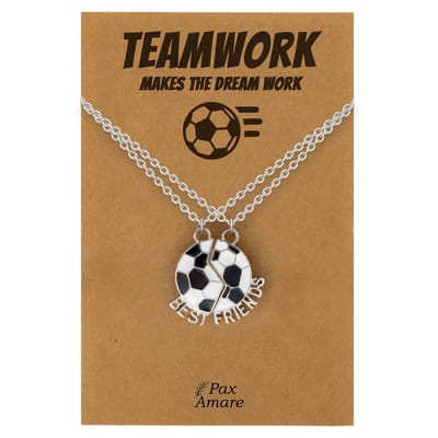 Vriendschapsketting voor 2 'Teamwork makes the dream work' - Magnetische Voetbal - BFF Ketting op Cadeau Kaartje - 45cm + 5cm verstelbaar - Zilverkleurig - Best Friends Hanger - Pax Amare