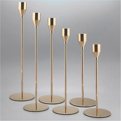 Set van 6 Gouden Kandelaars voor Dunne Kaarsen - Decoratieve Tafelaccessoires voor Thuis en Feesten
