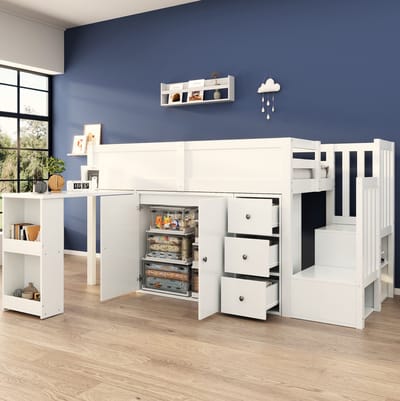 MEUNIQ halfhoogslaper 90x200 cm met bureau, opbergkast, lades, trapkast en zijrek, MDF, wit, voor de kinderkamer