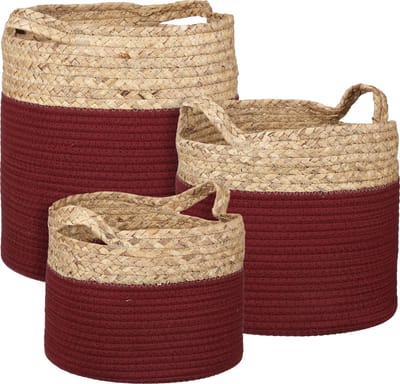 Oneiro’s Luxe Bloempot POT Torba mand rond d.rood set van 3 - H32xD33cm – hotel chique - binnen ––– accessoires – tuin – decoratie – bloemen – mat – glans – industrieel - droogbloemen