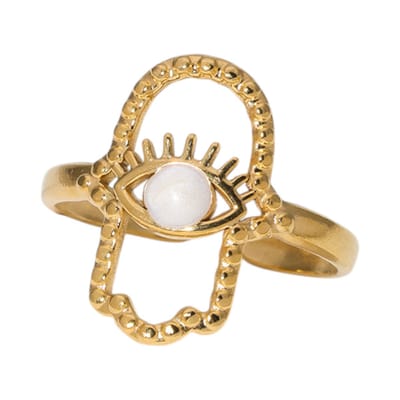 Aramat Jewels | Ringen | Open Ring RVS Hamsa Hand en Oog met Emaille (18 mm) | Wit | |18mm | Staal | Volwassenen | Verkleurd niet
