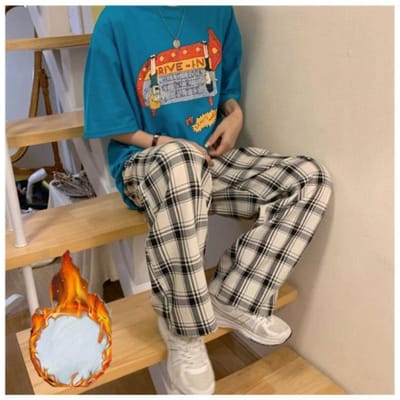 Geruite Casual Broek voor Dames In Lente en Herfst Nieuwe Losse Rechte Hoge Taille Wijde Pijpen Lange Broek 4XL blue