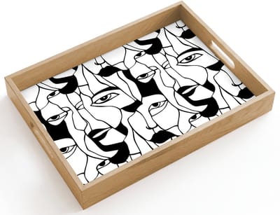 Dienblad hout 40x30 cm - Schootdienblad - Lijnen - Gezichten - Zwart - Wit - Borrelplank rechthoek - Plateau dienbladen
