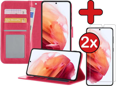 Hoesje - Met 2x Screenprotector - Geschikt voor Samsung Galaxy S21 - Luxe Pasjeshouder - Flip Case - Bookcase Portemonee - Kunstleer Book Case - Flipcase Hoes - Book Cover - Walletcase - Portemonneehoes - Telefoonhoes - Donkerroze