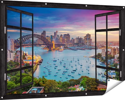 Gards Tuinposter Doorkijk Sydney Harbour Bridge in de Avond - 150x100 cm - Tuindoek - Tuindecoratie - Wanddecoratie buiten - Tuinschilderij