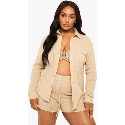 boohoo Dames Plus Crinkle Katoenen Strandshirt | Beige | Maat: 18