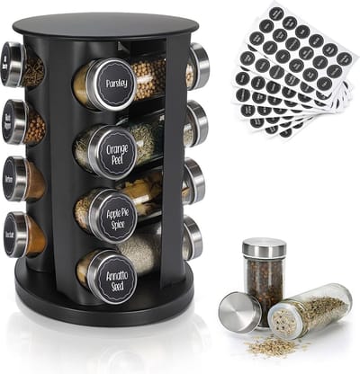 Kruidenrek staand – kruidenrek draaibaar – rek met 16 kruidenpotjes rond – kruiden organizer – Incl. 48 labels - Zwart