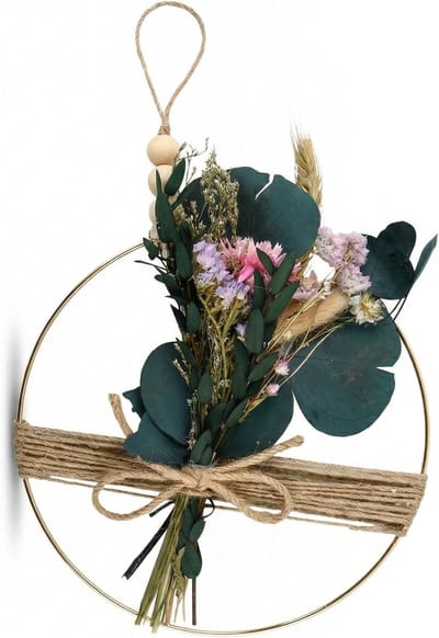Droogbloemen krans van metaal 20 cm, decoratieve bloemenkrans voor muur en deur, knutselwerk met jute touw en dromenvanger stijl