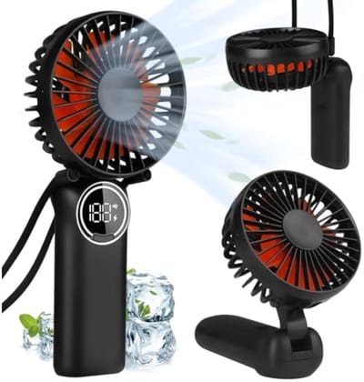 Draagbare mini-bureauventilator, oplaadbaar, met led-display, 180° opvouwbaar, met draagkoord, kan ook als nekventilator worden gebruikt, krachtige luchtstroom, 6 windsnelheden (zwart).