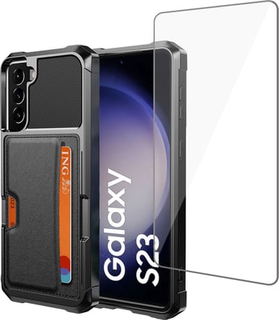 Pasjes houder Hoesje geschikt voor Samsung S23 + Screenprotector - Heavy Duty Case - Magnetisch Portemonnee Hoesje Cover - Gehard Glas Cover - Zwart