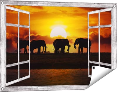 Gards Tuinposter Doorkijk Silhouet Olifanten tijdens Zonsondergang - 90x60 cm - Tuindoek - Tuindecoratie - Wanddecoratie buiten - Tuinschilderij