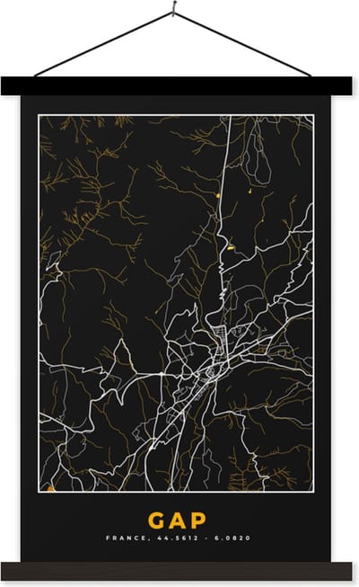 Posterhanger incl. Poster 40x60 cm - Schoolplaat - Kaart - Frankrijk - Stadskaart - Plattegrond - Gap - Textielposter - Zwarte latten - Stadskaart