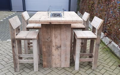 Vuurtafel Sta tafel set "Celebration" van Gebruikt steigerhout 100x120cm - 5 delige set - Kruk Back - 4 persoons