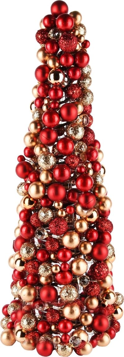 Dekoratief | Kegel vorm m/kerstballetjes, rood/goud, pvc, 14x14x43cm | A245280