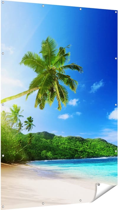 Gards Tuinposter Strand tijdens Zonsondergang in Seychellen - 120x180 cm - Tuindoek - Tuindecoratie - Wanddecoratie buiten - Tuinschilderij