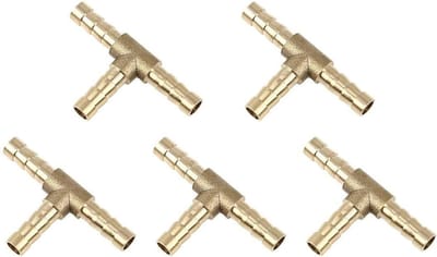 Set van 5 Messing Slangverbinders, 6 mm of 15/64 Inch, 3-Weg T-Vorm, Geschikt voor Lucht, Gas, Water en Brandstof