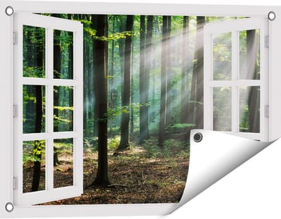 Gards Tuinposter Doorkijk Bos met Zon tussen de Bomen - 60x40 cm - Tuindoek - Tuindecoratie - Wanddecoratie buiten - Tuinschilderij