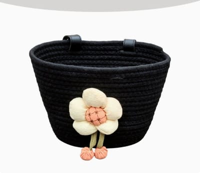 Hrippy Gevlochten fietsmand van katoenen touw, opbergmand voor stuur, leuke accessoires voor fiets, scooter, kinderfiets, loopfiets，zwart