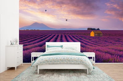 Behang - Fotobehang Lavendel - Luchtballon - Berg - Paars - Breedte 400 cm x hoogte 240 cm