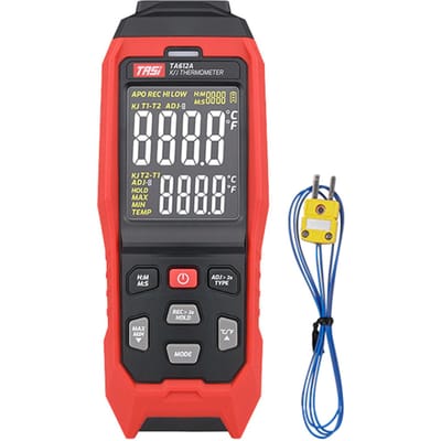 TASI TA612A Eenkanaals K/ J-type Thermokoppelthermometer -200~1372 celsius / -328~2501 Fahrenheit Handheld TA612A rood