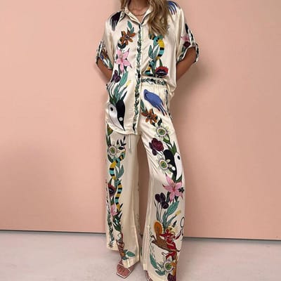 Lente nieuwe casual damesblouse met broek en losse print, modieus pak voor dames L gray