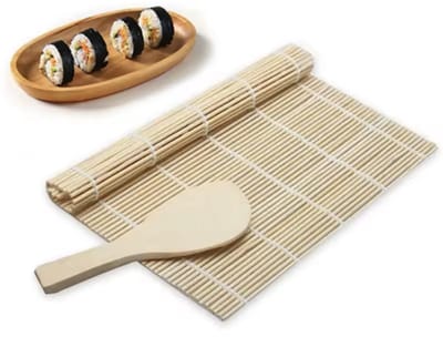 Rolmatje voor sushi - Sushi rolmat - Bamboe matje - Met houten rijstlepel - Sushimat - Sushi maken - Matje met lepel - 24/24CM - CHPN